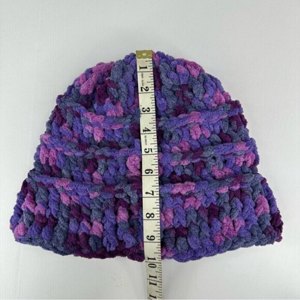 Handmade Purple Variegated Chunky Knit Slouchy Beanie Chenille Winter Hat NEW - Picture 10 of 11